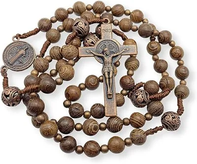 Sacred Wooden Rosary St Benedict Solid Wood & Metal Beads Catholic Chaplet • $14.99