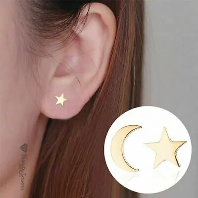 Women Men Surgical Steel 18K Gold Plated Star Moon Shape Ear Stud Earrings • $4.96