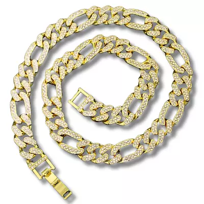 Mens 12mm Iced Double Row CZ Figaro Link 14k Gold Plated 7 -30  Necklace Hip Hop • $11.99