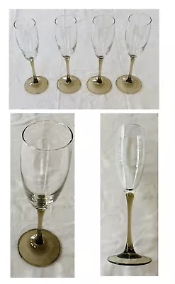 VINTAGE Luminarc Champagne Flutes 6 Oz. Olive Green Stem Blown 4-Pc Set FRANCE • $28.88