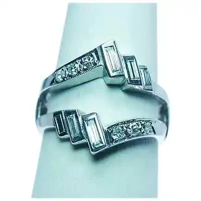 Vintage Baguette Round Diamond Wedding Guard Ring 14K White Gold Estate VS-G  • $963