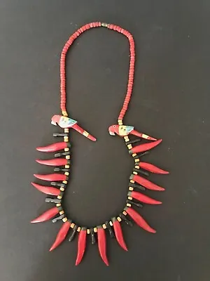 Estate Find!  1960's Wooden Macaw And Chile Pepper Beaded Necklace FREE SHIPPING • $31.20