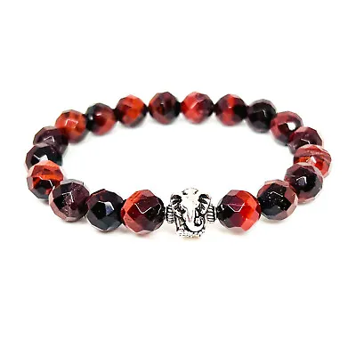 10mm Faceted Red Tiger Eye Gemstone Bracelet With Silver Elephant Charm Strength • $54