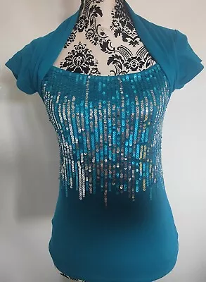 £2.99 • Buy Ladies Evie Silver Sequin Teal Turquoise Blue Green Short Sleeve Top Size 10/12