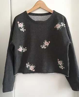 Abercrombie And Fitch Crop Oversized Grey/Floral Embroidered Sweatshirt Size S • £8.99