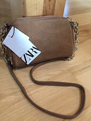 ZARA Small Split Leather Crossbody Bag Brown Chain Accent NEW • $49