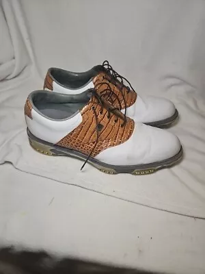 Footjoy Dryjoys Tour Golf Shoes Mens Sz 13 White Brown Croc Leather 53677 • $35