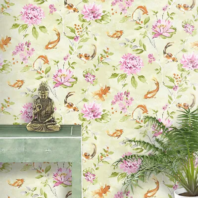 Lime & Pink Koi Carp & Water Lilies Paste The Wall Wallpaper • £2