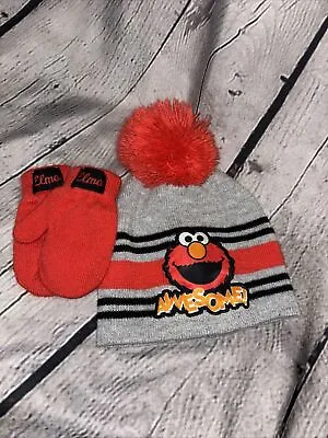 Sesame Street Elmo Hat And Gloves Set For Toddler Boys Grey/Red Age 2-4 • $16