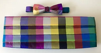 Vintage All Silk Colorful Rainbow Plaid Men’s Lady’s Unisex Bow Tie & Cummerbund • $39.99