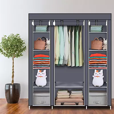 Practical Fabric Canvas Wardrobe Hanging Rail Shelving Clothes Storage Cupboard • £19.99