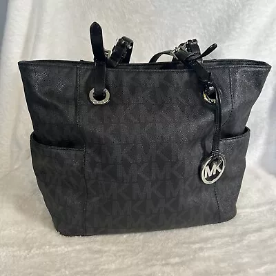 Michael Kors Signature Jet Set Black Leather Zip Top Tote Shoulder Handbag • $45