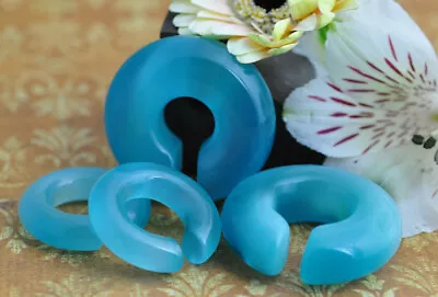 Pair Of Aqua Cat Eye Stone Hoop Ear Weights (STN-679) Set Ear Gauges PICK SIZE • $15.99