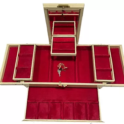 Vintage 1960s Mele Jewelry Box 3 Tier Plus Drawer Off-White Red Velvet Lined Key • $54.99