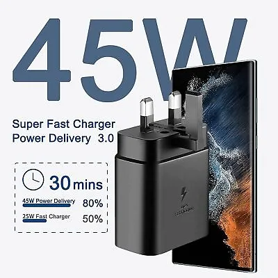 45W Super Fast UK Plug Charger C To C Cable For Samsung S23 S22 S24+ Ultra 5G • £3.25