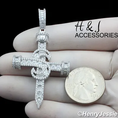 Men Solid 925 Sterling Silver Icy Baguette Cz $ Sign 3d Nail Cross Pendant*sp396 • $66.99