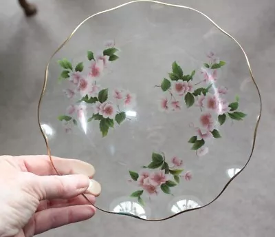 Decorative Fluted Glass Plate With Pink Flowers Green Foliage & Gold Trim(24cm) • £6.99