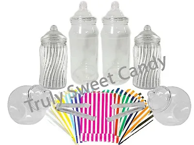 6 Plastic Sweet Jars 50 Bags 2 Tongs Cute Candy Buffet Small Wedding Party • £13.24