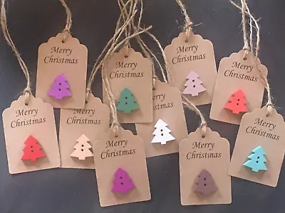 £2.45 • Buy 10 Cute Kraft Embellished  Merry Christmas Coloured Wooden Tree Button Gift Tags