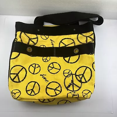 Yellow Black Canvas PEACE Sign Tote Bag Sequins Black Rivet • $12