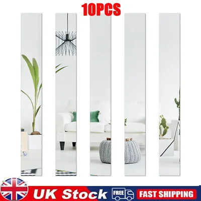 10PCS Long Strip Mirror Acrylic Wall Stickers Self Adhesive Tile Rectangle Decor • £6.99