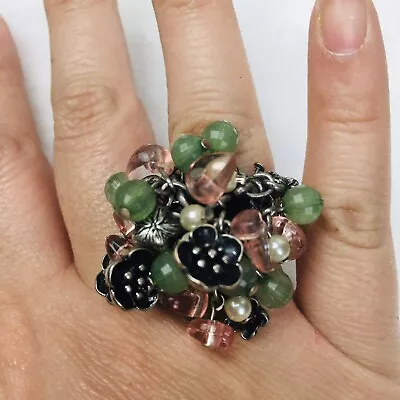 Vintage Fashion Ring Floral Beaded Silver Tone Elastic Band One Size Fits All • $9.99