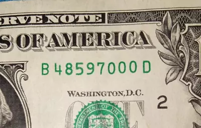 TRAILING TRIP 0s ZEROs 2017 New York $1 One Dollar Bill S/N B 48597000 D • $2.68