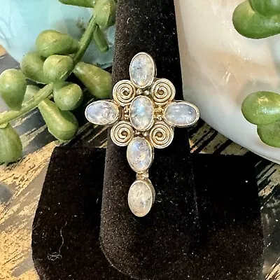 925 Sterling Silver Faith Cross Oval Moonstones Ring Size 6.75 • £45.79