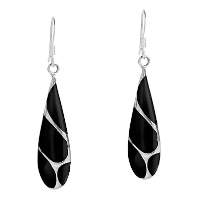 Vintage Black Onyx Streak Teardrop Sterling Silver Earrings • $26.39