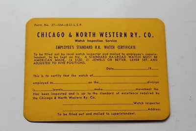 Vintage Chicago & Northwestern Employee's Standard Rail Road Watch Certificate • $12.95