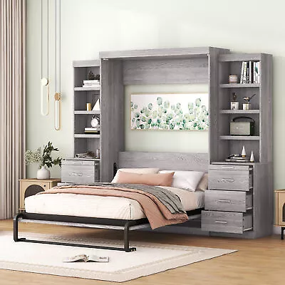 Full Size Murphy Bed With Storage Shelves And Drawers Gray 007AAE • $1461.89