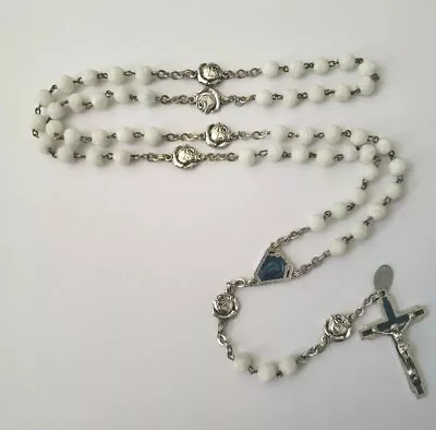 Vtg Rosary Wht Glass Roses Beads St Theresa Medal Blue Enamel Crucifix France  • $19.98