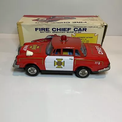 Vintage Fire Dept Fire Chief Battery Operated Bump’N Go Tin Toy Car Works! • $173