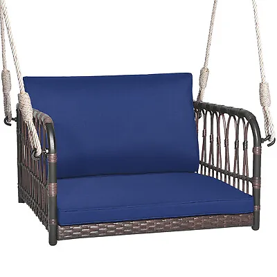 Porch Swing Chair Rattan Woven Hanging Bench Seat W/ Cushions Hooks Balcony Navy • $94.99