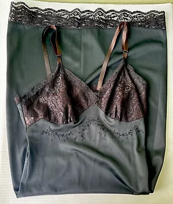 Val Mode Nylon Satin Black Brown Floral Lace Bodice Full Slip Size 32 • $25