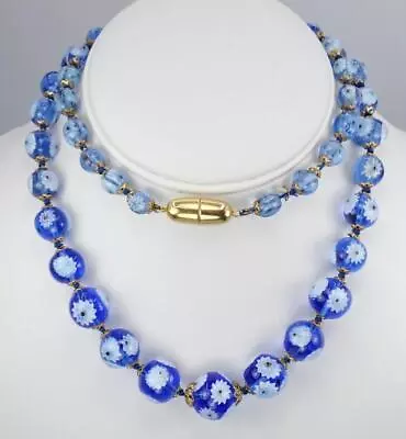 Glorious Vintage Bohemian Murano Blue Flowers Floral Art Glass Bead Necklace • $49.99