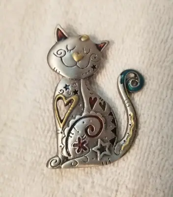 $5.99 • Buy Vintage Pewter Cat Rhinestone Collar Bobble Wobble Fish Fashion Brooch Pin