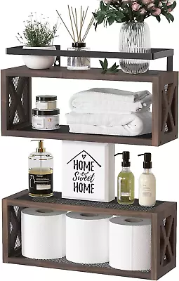 Floating Wood Shelves With Guardrail Rustic Brown Wall Mounted 2 Shelves Far • $46.10