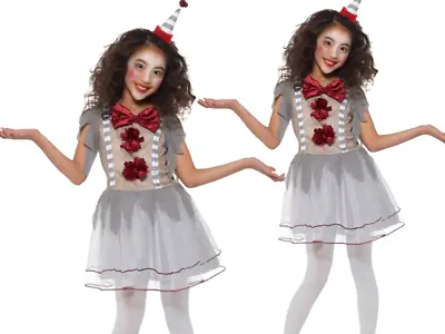 Girls Vintage Clown Costume Scary Circus Halloween Kids Fancy Dress Age 4-12 • $72.13
