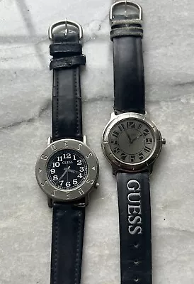 LOT Of 2  VINTAGE GUESS BRAND MENS WATCHES 1991 1992 SILVER FACES BLACK BAND • $12.99