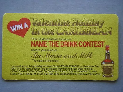 Tia Maria Valentine Holiday In The Caribbean Name The Drink Contest 1982 Coaster • $4.99