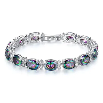 New Oval Rainbow Fire Mystic Topaz Charm Women Holiday Jewelry Silver Bracelets • $12.86