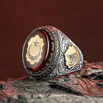 925 Sterling Silver Crescent Moon Star Tawheed In Red Amber Islamic Men's Ring • $69.90