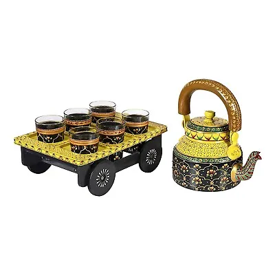 Tea & Coffee Serving Tea Kettle With 6 Glass & Cart Hand Painted Coffee Serving • $120.74
