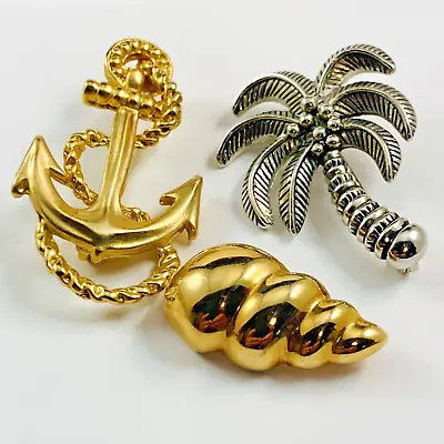 Vintage Lot Of 3 Nautical Beach Theme Brooch Pins Anchor Palm Tree Shell • $17.99