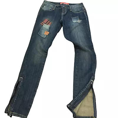 Zana Di Jeans Frayed Patchwork Denim Skinny Zip  Leg Y2K Size 5 Long Tall 28x32” • $14.90