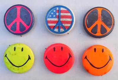 6 SMILEY FACE PEACE SIGN SYMBOL - 1 1/4 PINBACK BUTTONS VINTAGE 1970s BRIGHT CLR • $9.99