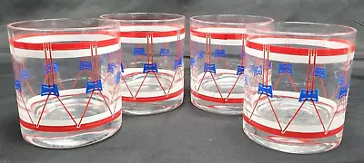 Set Of 4 Vintage Federal Glass Co. Rare Drum Beverage Glasses Blue Red 3.25” H • $39.50