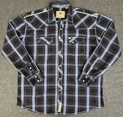 Larry Mahan Western Pearl Snap Shirt Mens 2XL Black Blue Plaid L/S Button Up  • $29.95