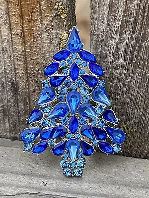 Royal Blue Christmas Tree Crystal Glass Rhinestone Brooch Pin Vintage Holiday • $13.59